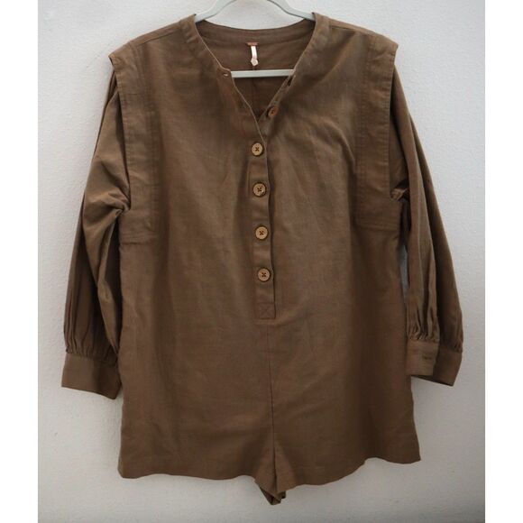 Free People OB1910445 Women's Sz XS Brown Leyla L/S Linen Blend Romper - Picture 1 of 11